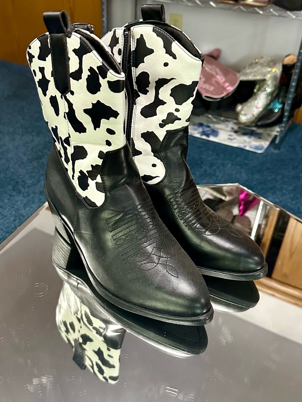 Women's Black Leather Ankle Boots with Black & White Cow-Print Shaft